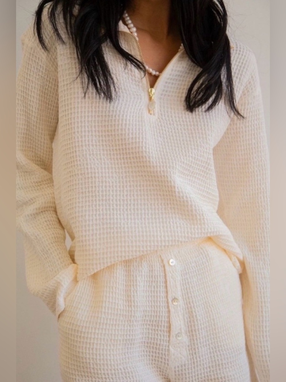 DONNI. Cream Waffle Half-Zip Pullover